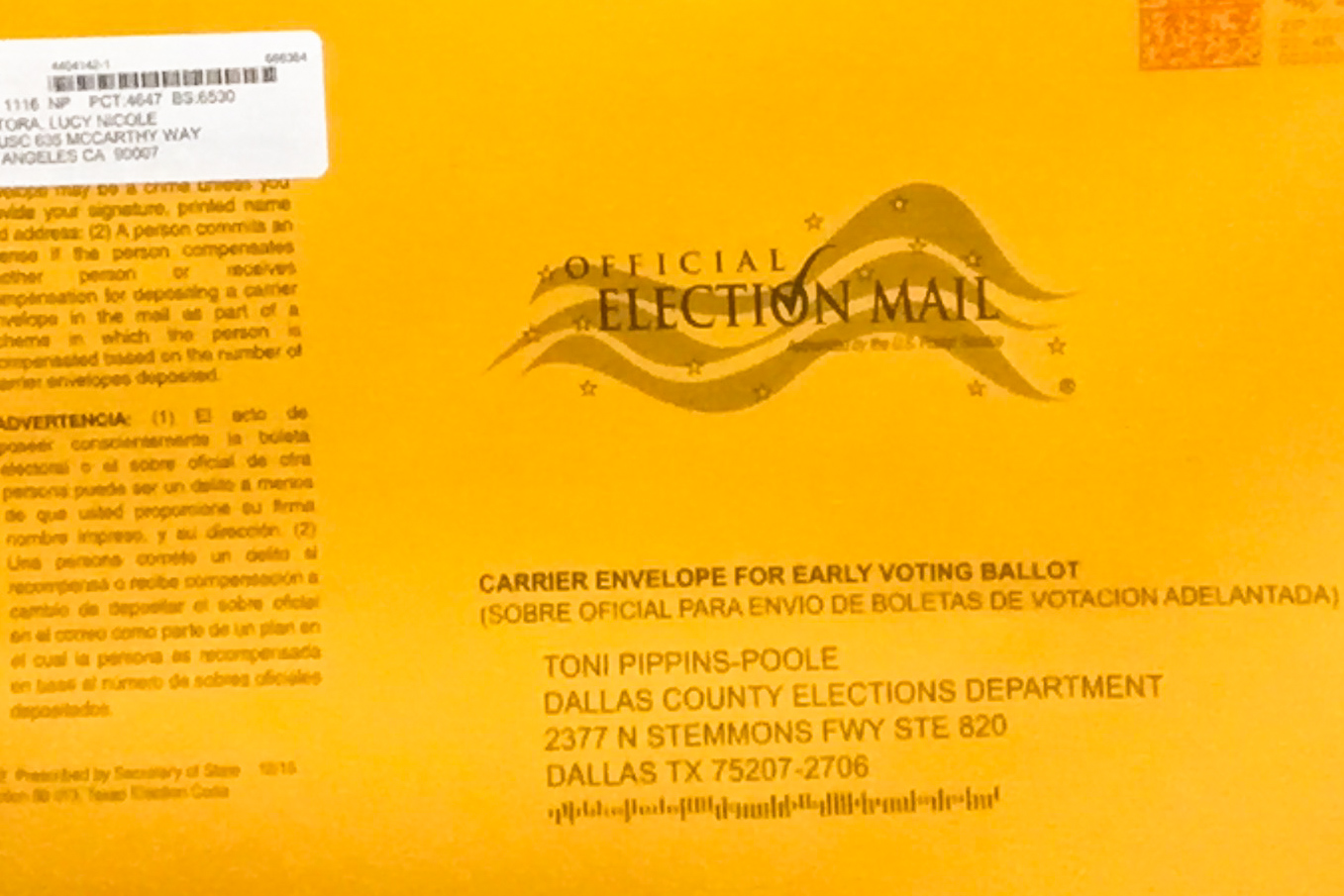 Early voting envelope from the 2016 election