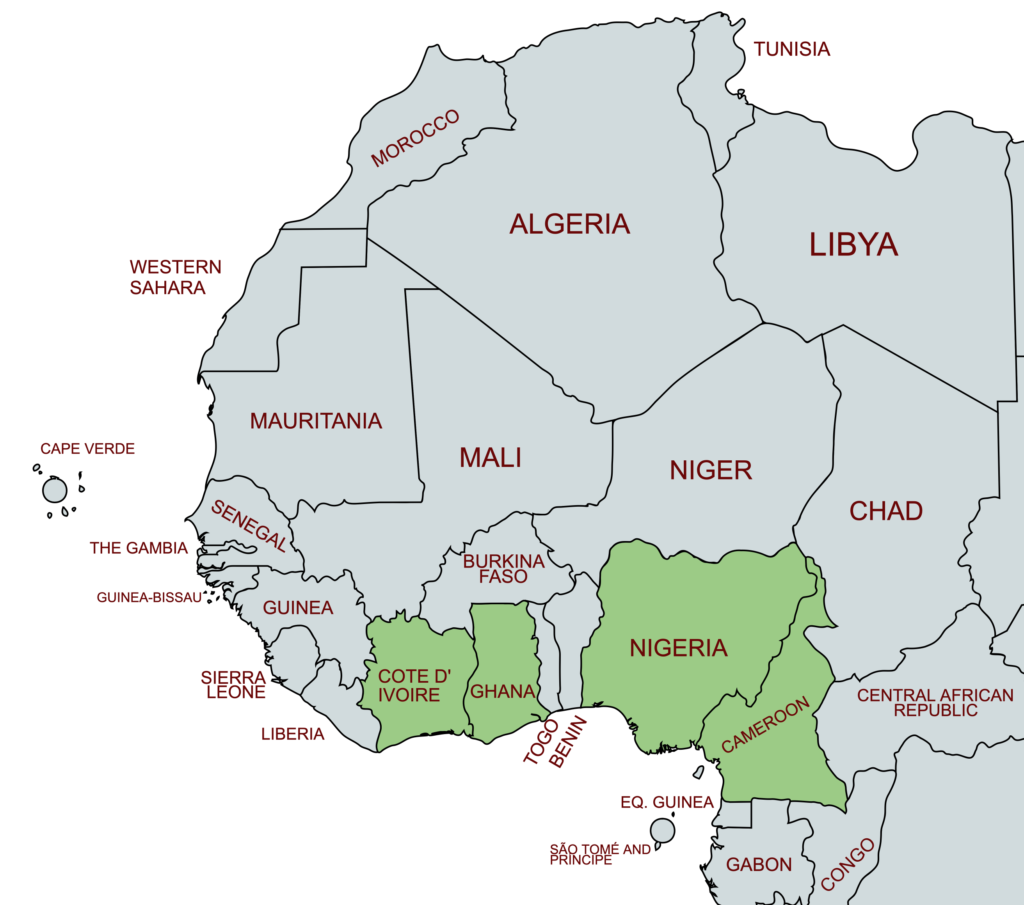 Map of Africa highlighting cocoa producers 